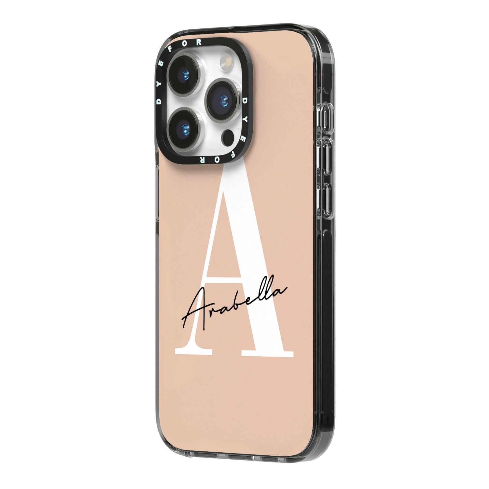 Personalised Nude Colour Initial iPhone 14 Pro Black Impact Case Side Angle on Silver phone