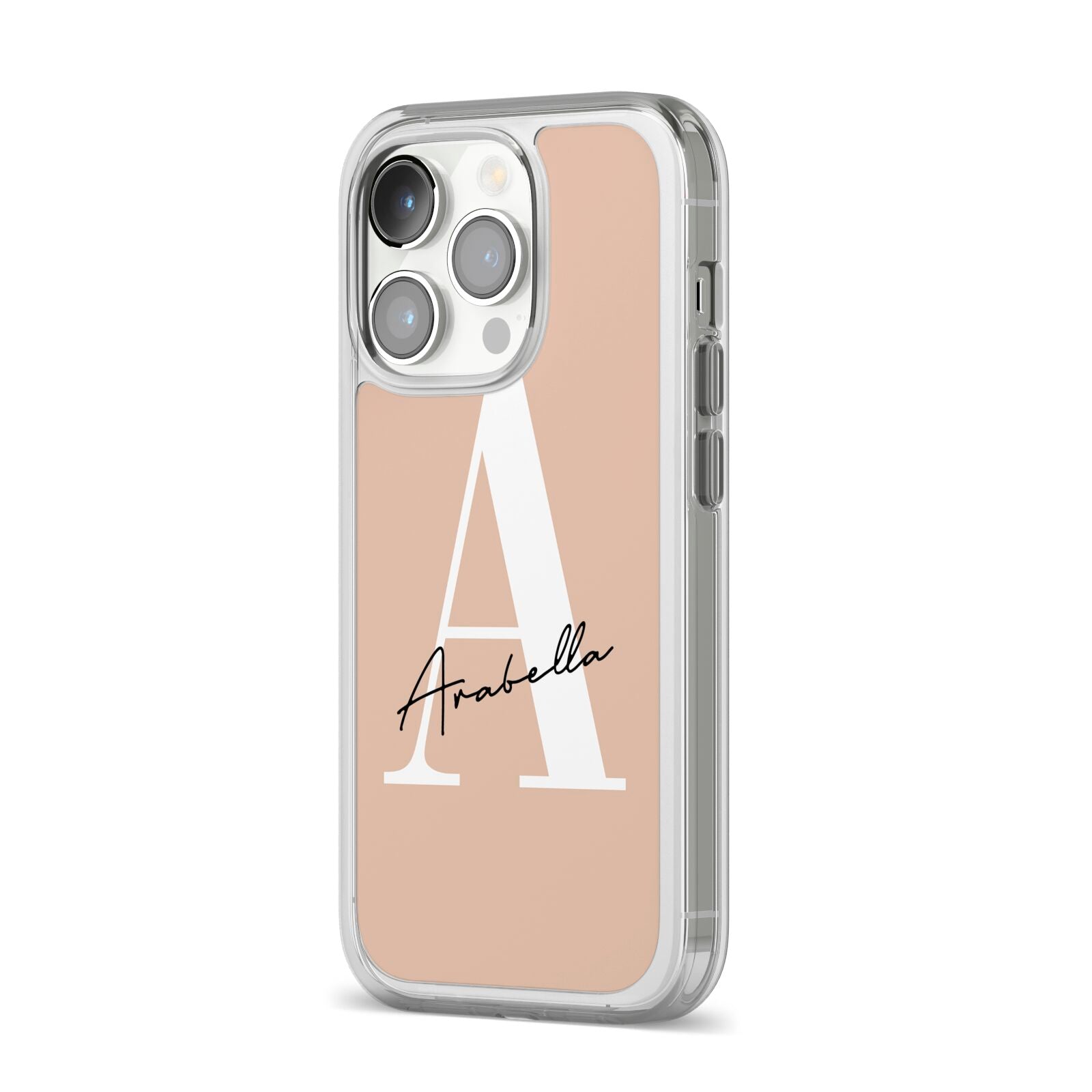 Personalised Nude Colour Initial iPhone 14 Pro Clear Tough Case Silver Angled Image