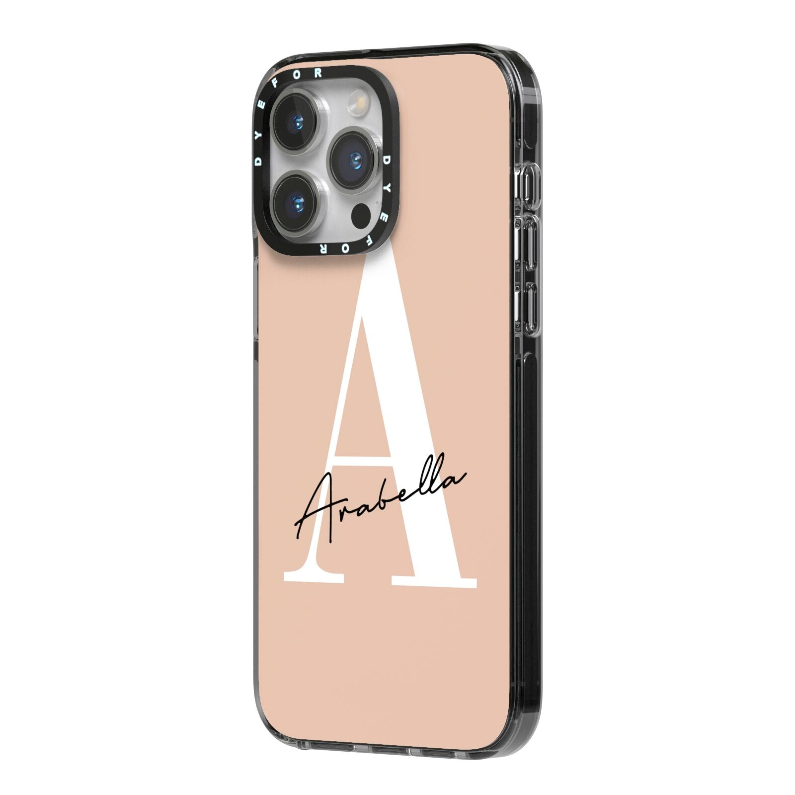Personalised Nude Colour Initial iPhone 14 Pro Max Black Impact Case Side Angle on Silver phone