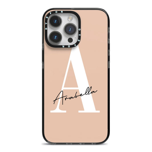 Personalised Nude Colour Initial iPhone 14 Pro Max Black Impact Case on Silver phone