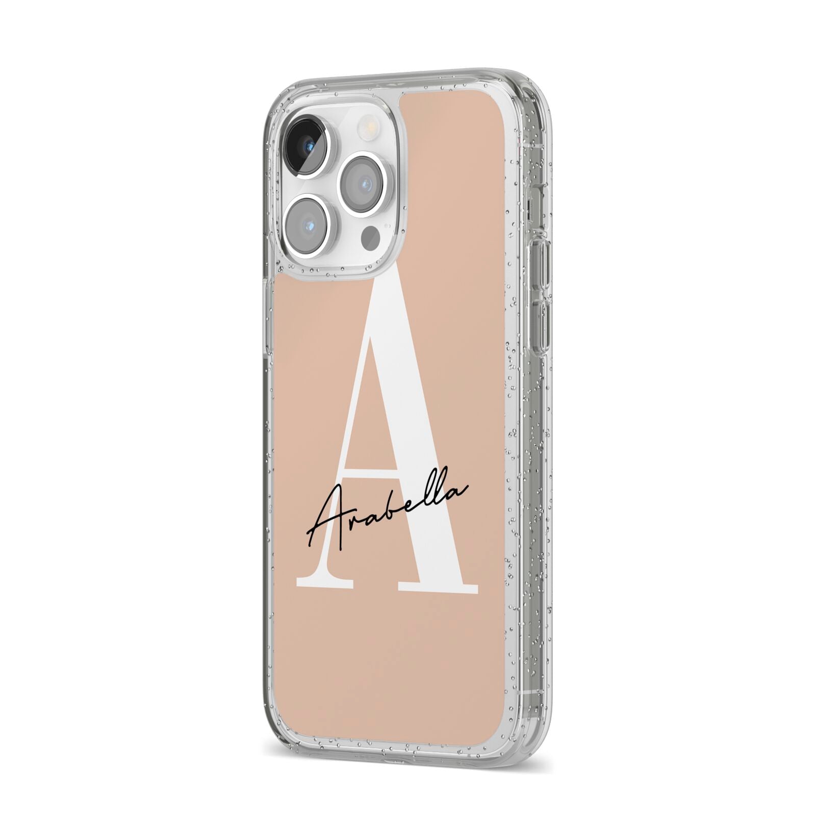 Personalised Nude Colour Initial iPhone 14 Pro Max Glitter Tough Case Silver Angled Image