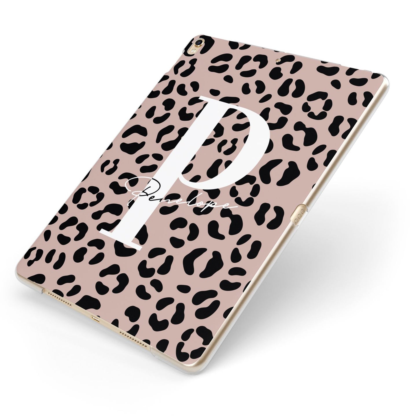 Personalised Nude Colour Leopard Print Apple iPad Case on Gold iPad Side View