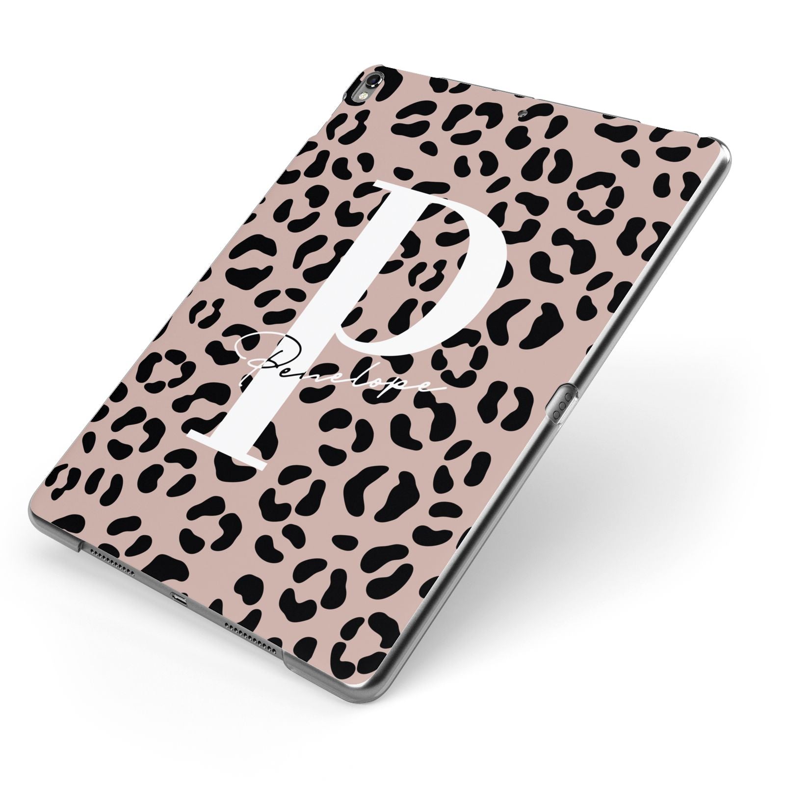 Personalised Nude Colour Leopard Print Apple iPad Case on Grey iPad Side View
