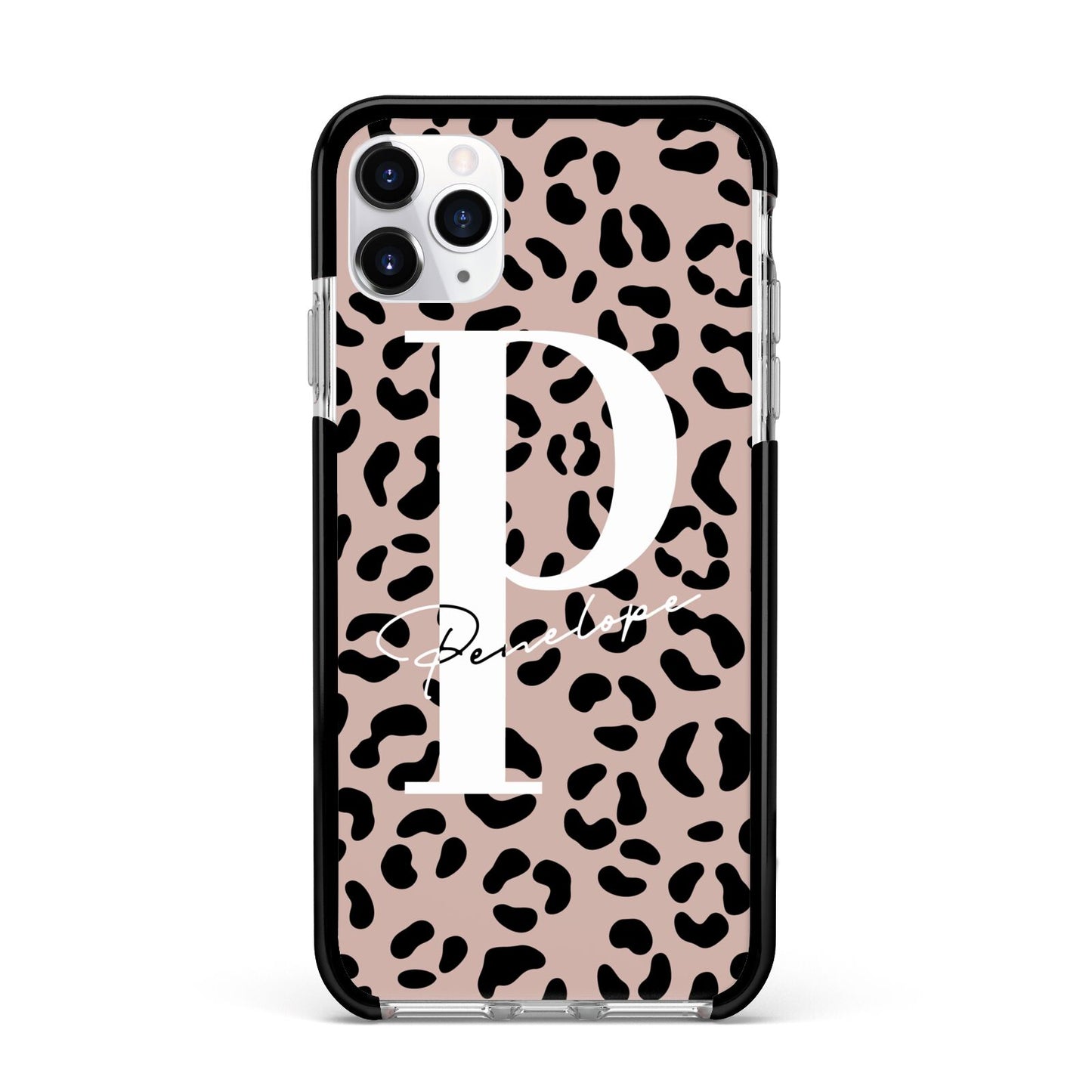 Personalised Nude Colour Leopard Print Apple iPhone 11 Pro Max in Silver with Black Impact Case
