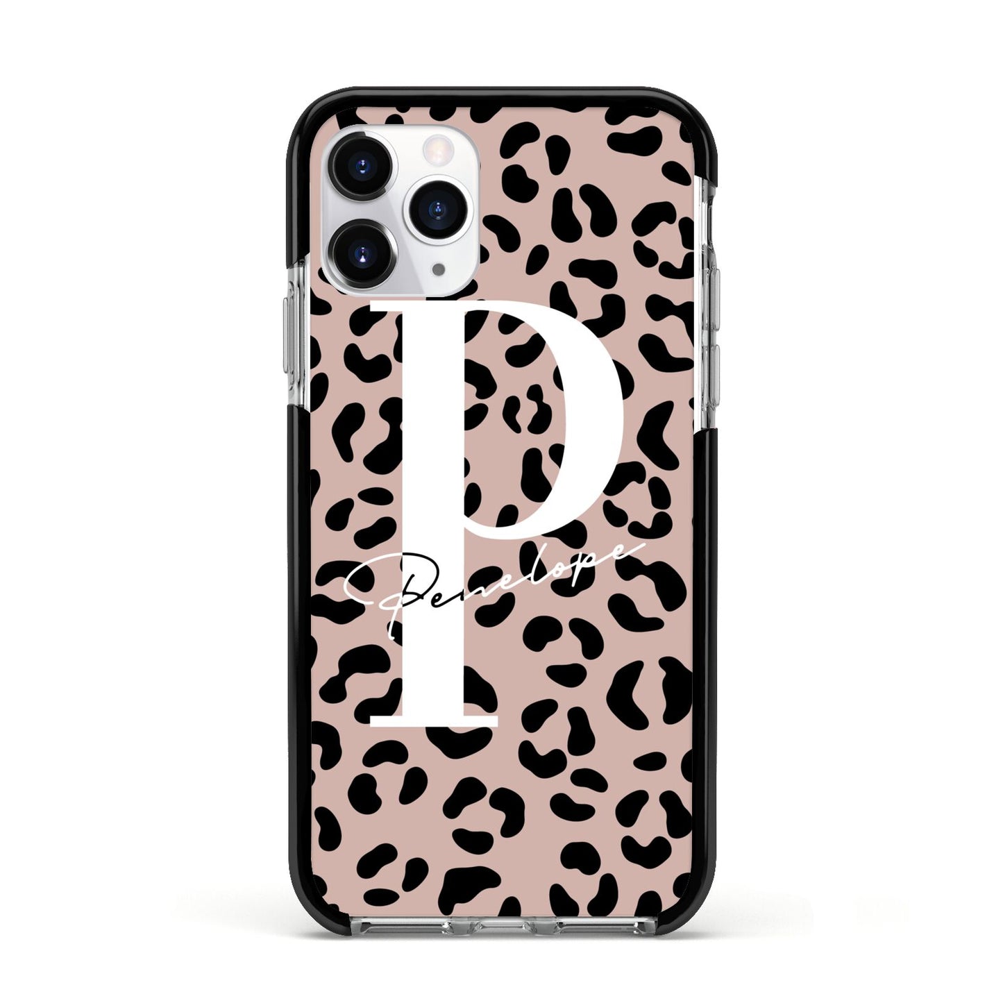 Personalised Nude Colour Leopard Print Apple iPhone 11 Pro in Silver with Black Impact Case