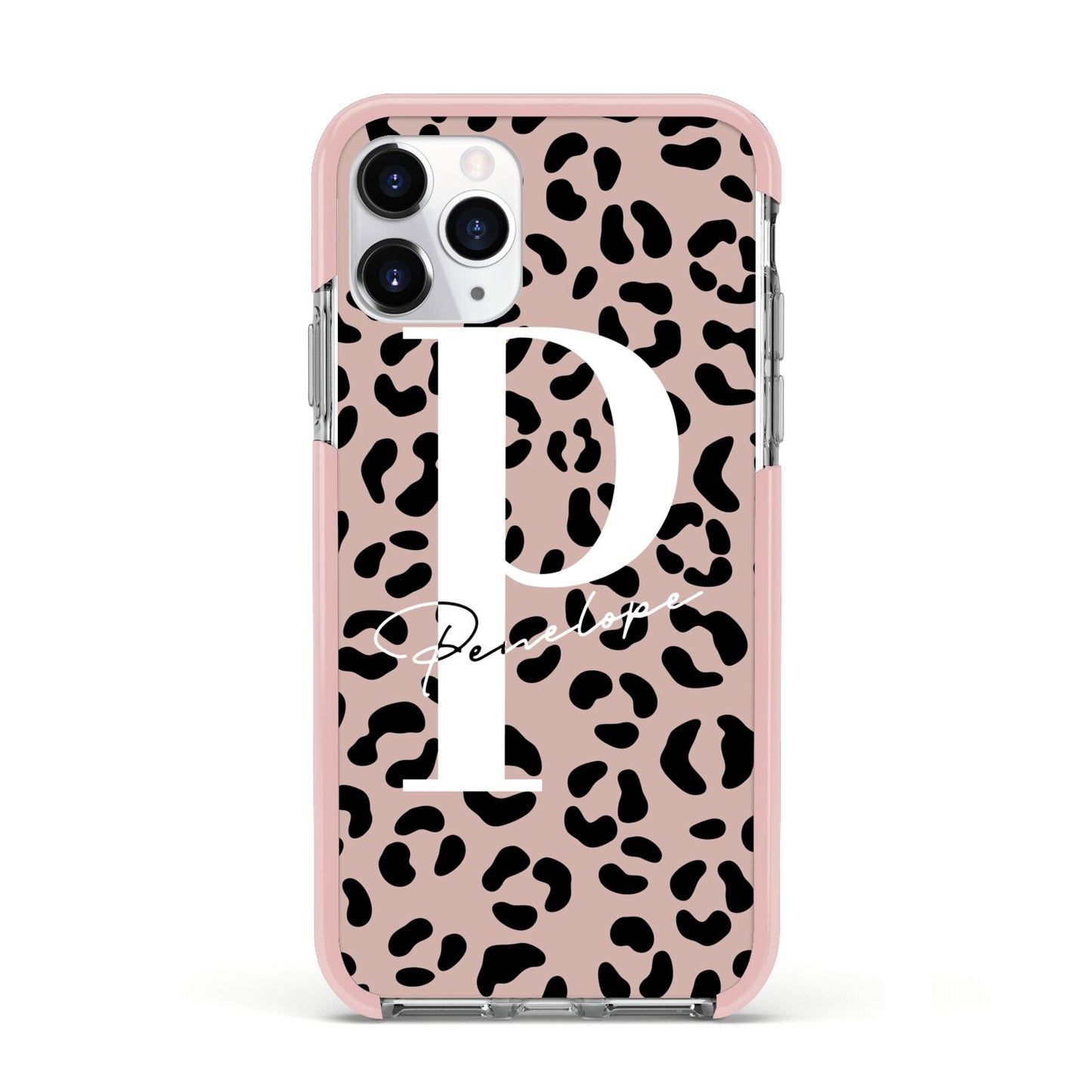 Personalised Nude Colour Leopard Print Apple iPhone 11 Pro in Silver with Pink Impact Case