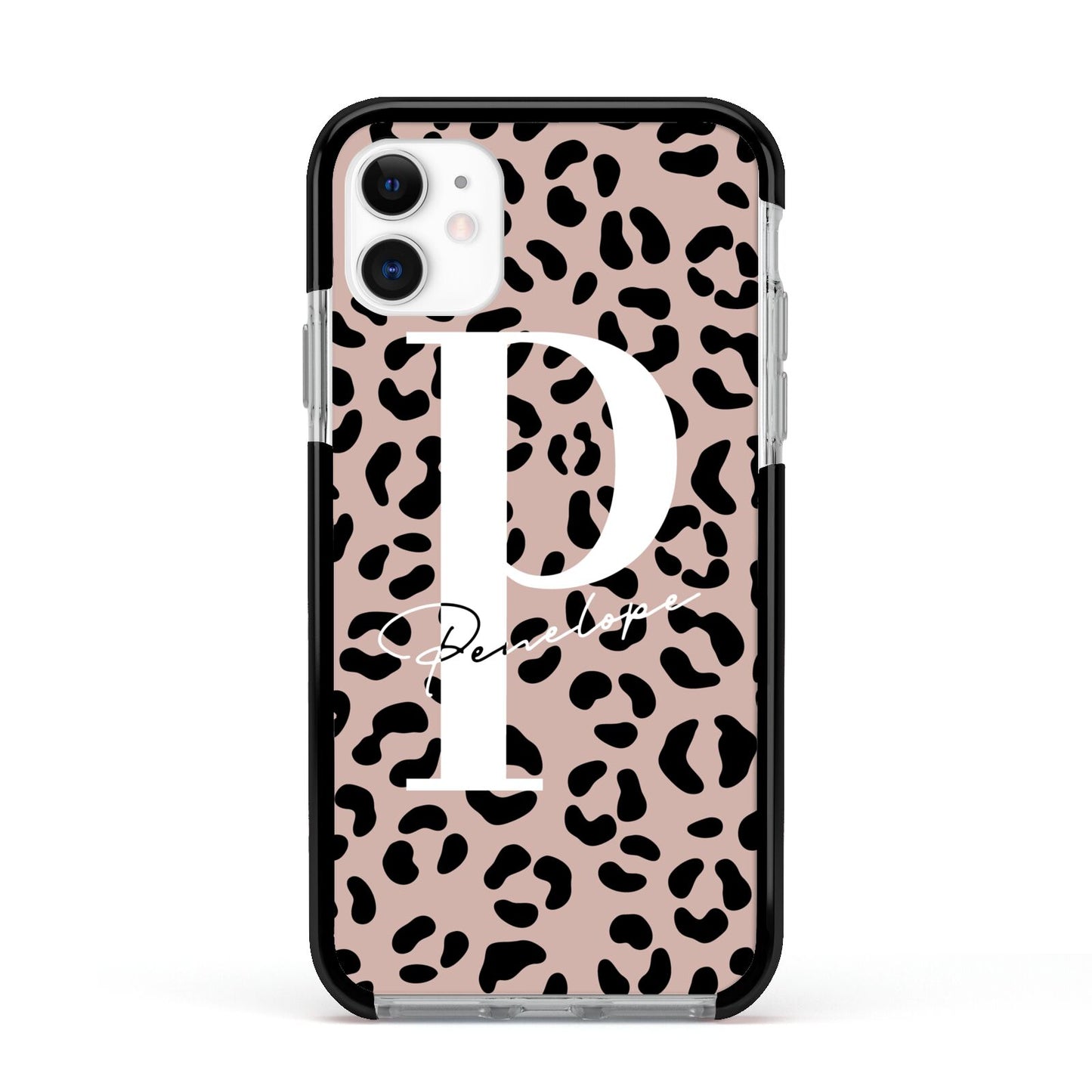 Personalised Nude Colour Leopard Print Apple iPhone 11 in White with Black Impact Case