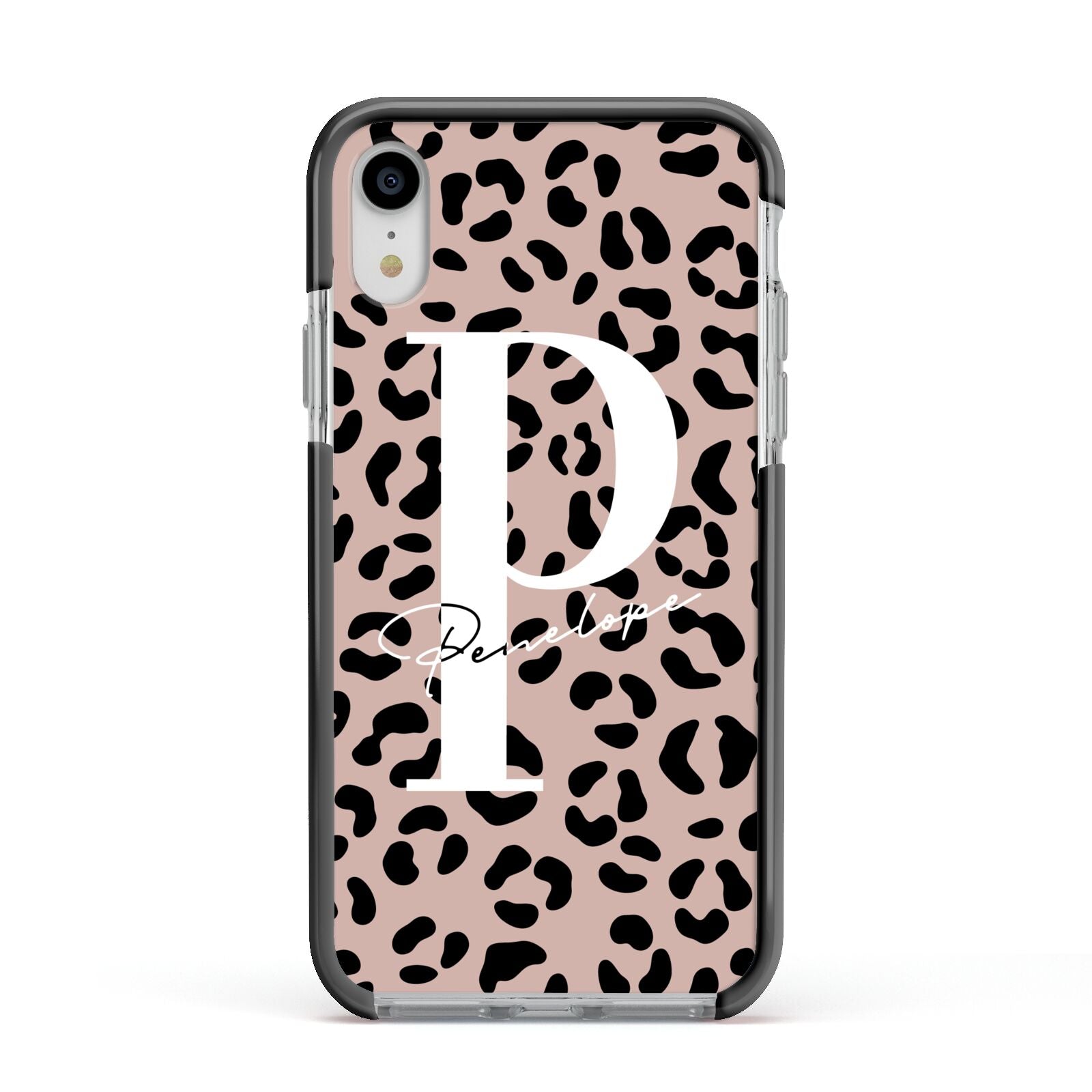 Personalised Nude Colour Leopard Print Apple iPhone XR Impact Case Black Edge on Silver Phone