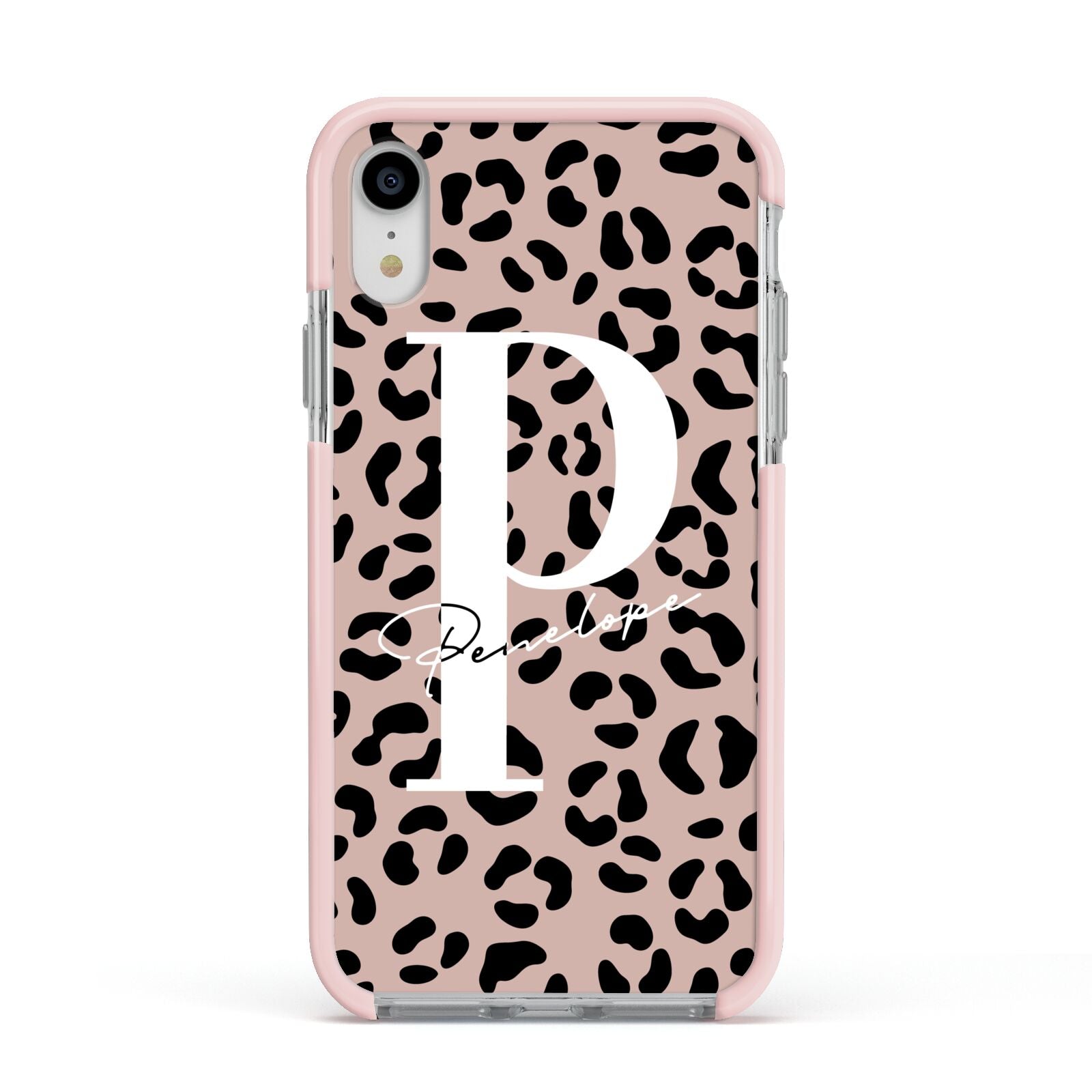 Personalised Nude Colour Leopard Print Apple iPhone XR Impact Case Pink Edge on Silver Phone
