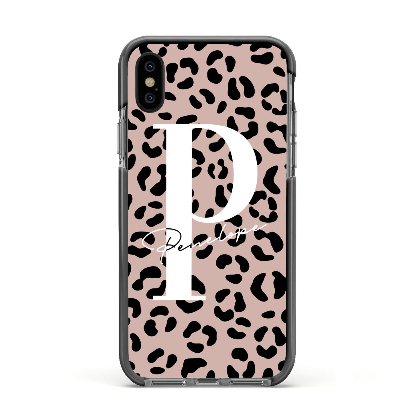 Personalised Nude Colour Leopard Print Apple iPhone Xs Impact Case Black Edge on Black Phone