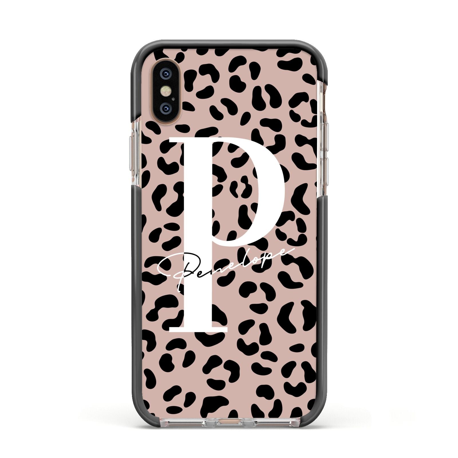 Personalised Nude Colour Leopard Print Apple iPhone Xs Impact Case Black Edge on Gold Phone