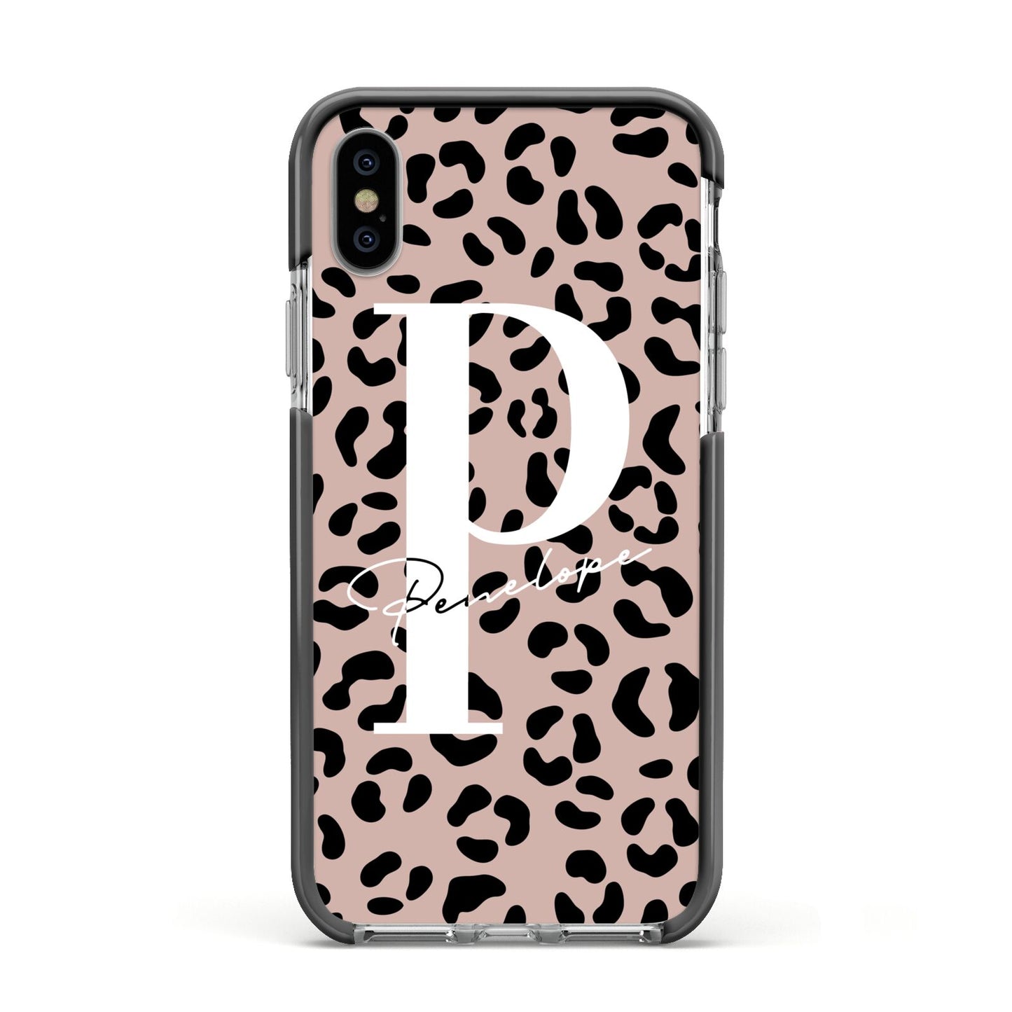 Personalised Nude Colour Leopard Print Apple iPhone Xs Impact Case Black Edge on Silver Phone