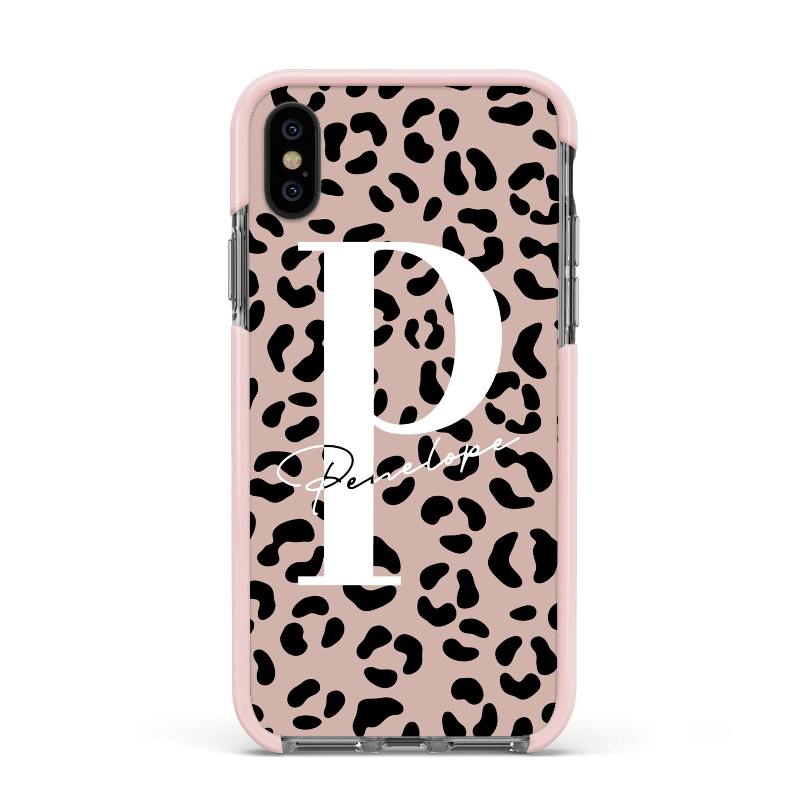 Personalised Nude Colour Leopard Print Apple iPhone Xs Impact Case Pink Edge on Black Phone