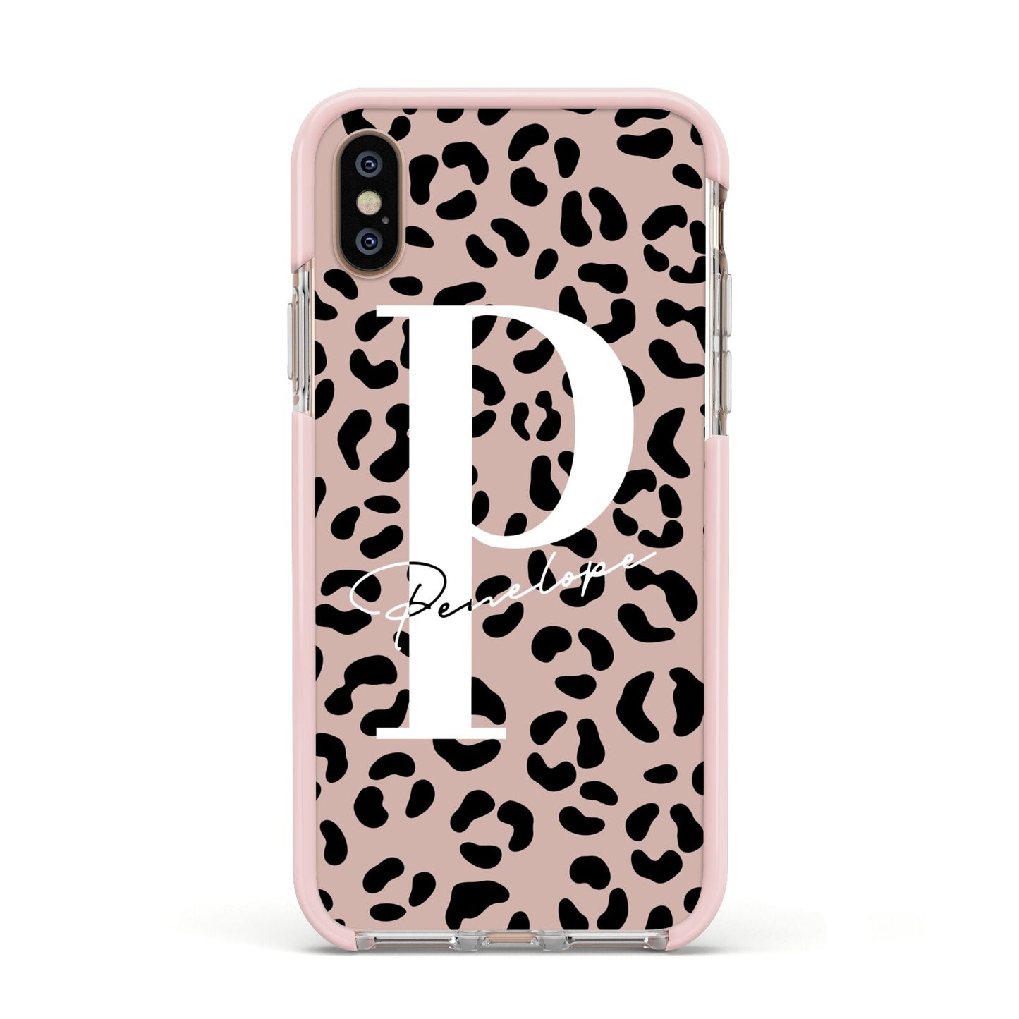 Personalised Nude Colour Leopard Print Apple iPhone Xs Impact Case Pink Edge on Gold Phone