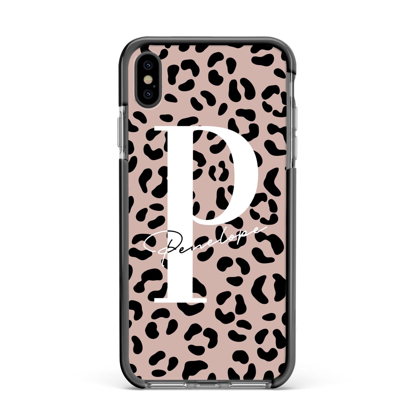 Personalised Nude Colour Leopard Print Apple iPhone Xs Max Impact Case Black Edge on Black Phone