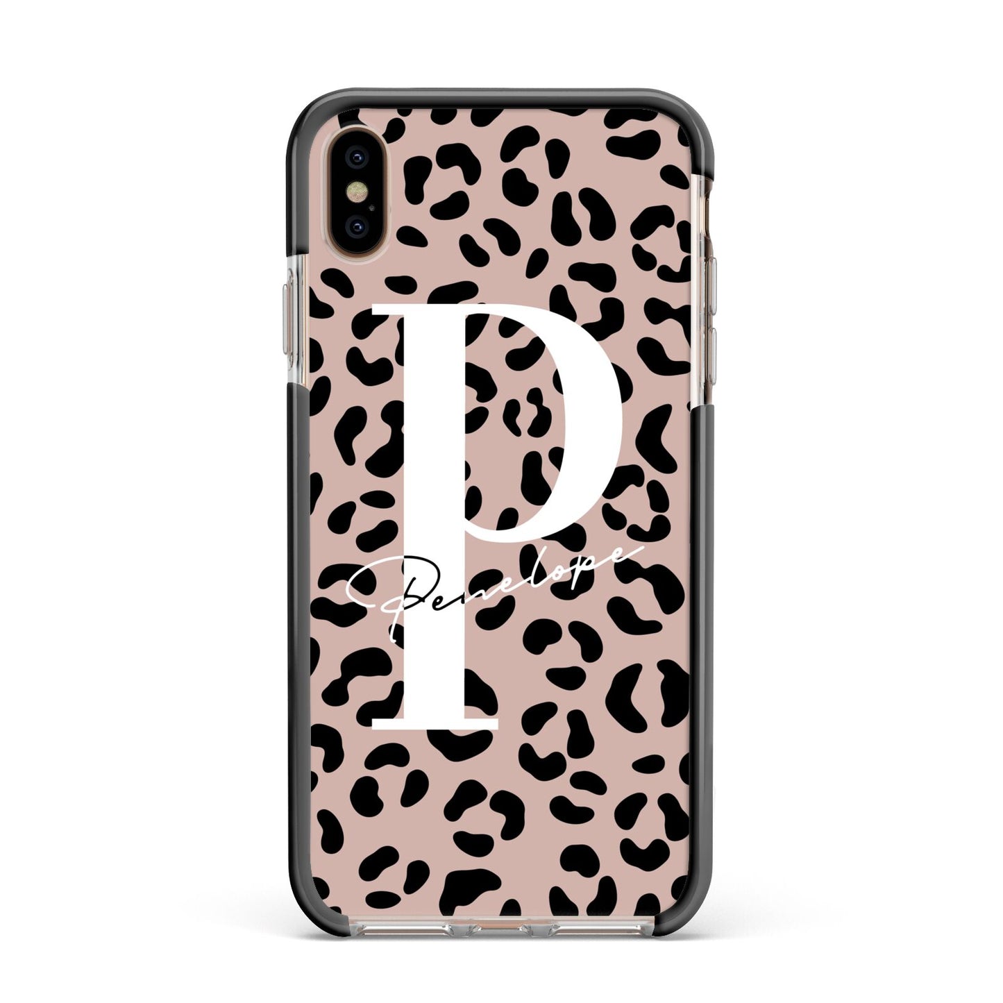 Personalised Nude Colour Leopard Print Apple iPhone Xs Max Impact Case Black Edge on Gold Phone