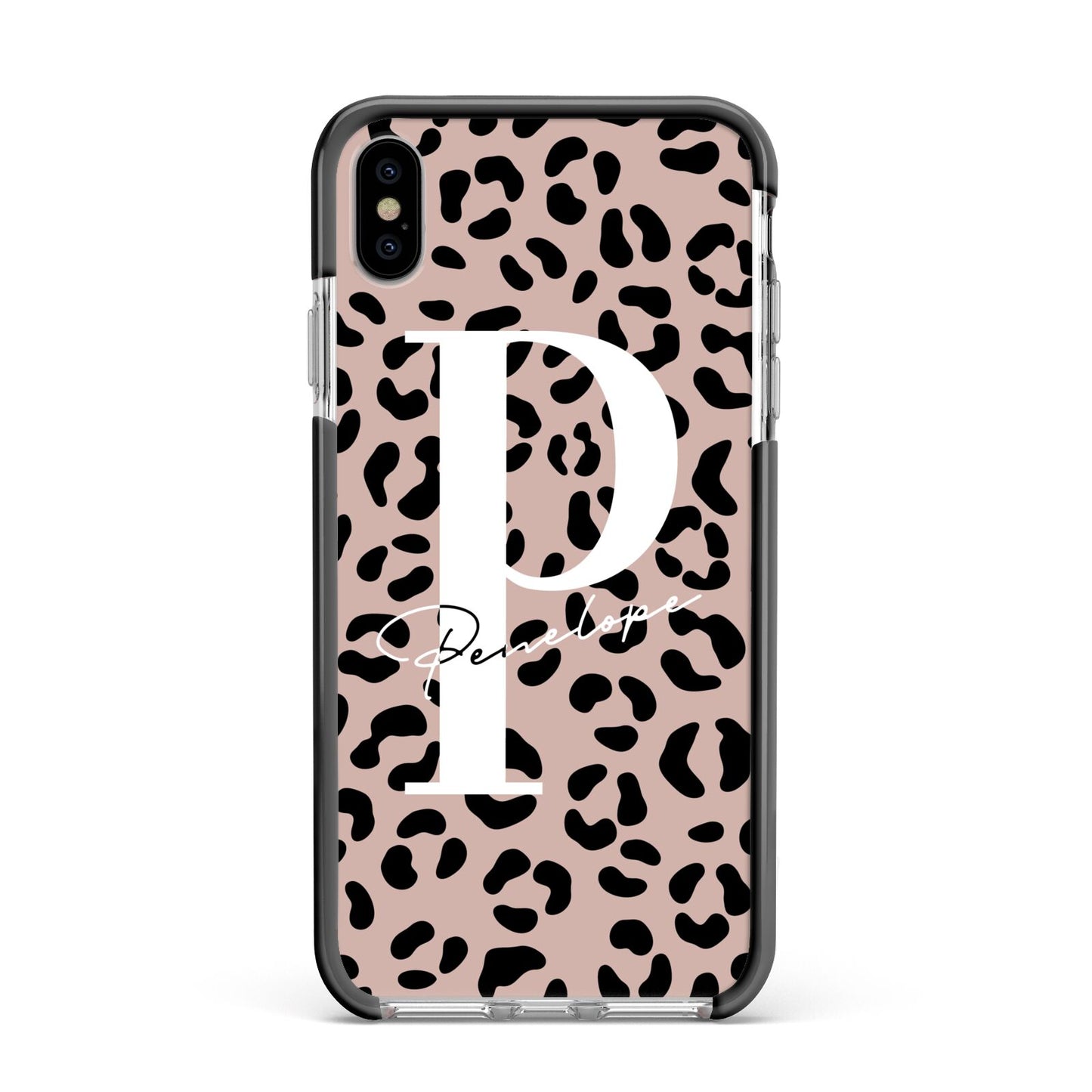Personalised Nude Colour Leopard Print Apple iPhone Xs Max Impact Case Black Edge on Silver Phone