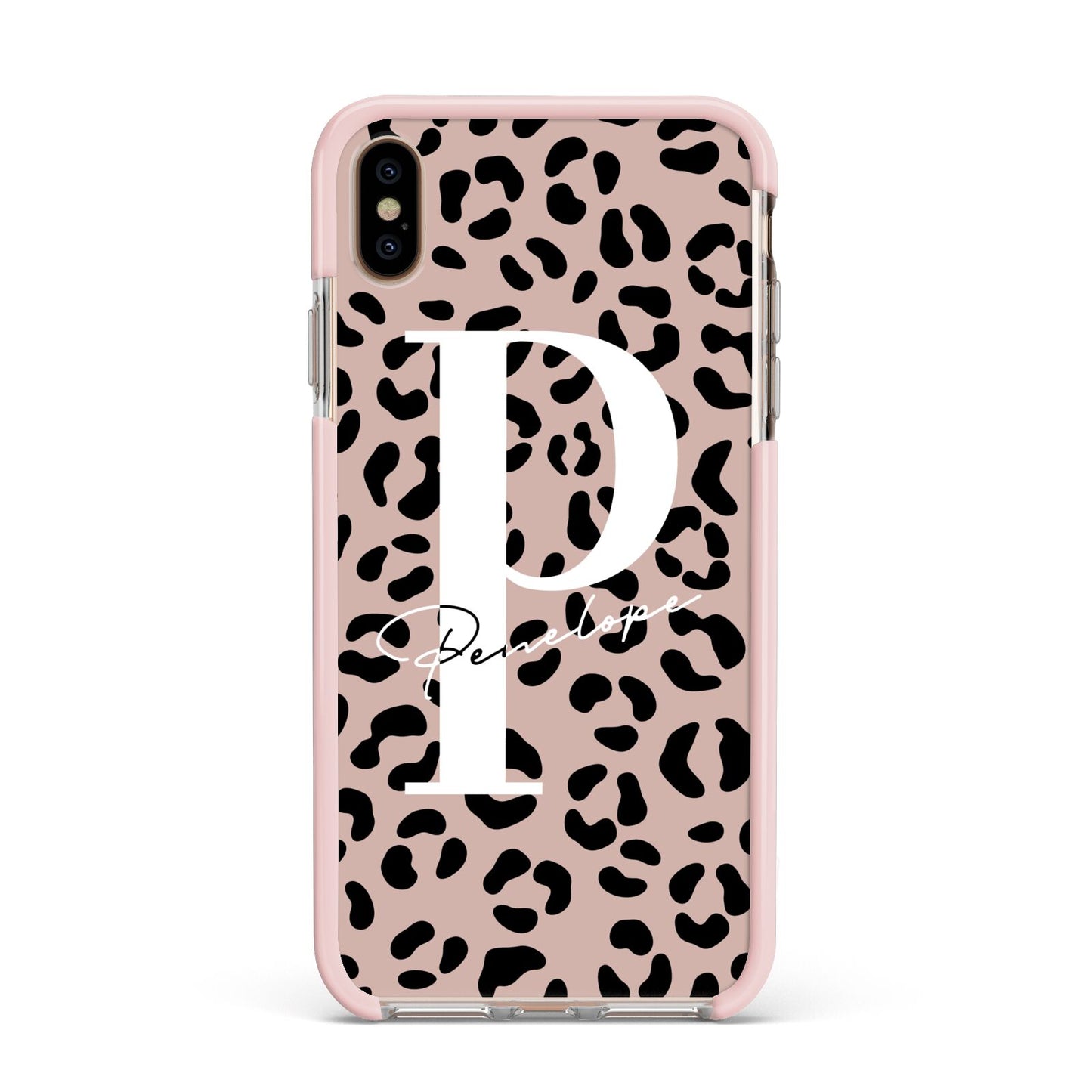 Personalised Nude Colour Leopard Print Apple iPhone Xs Max Impact Case Pink Edge on Gold Phone