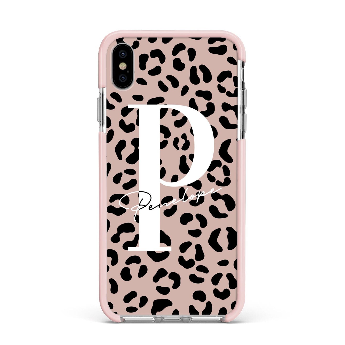 Personalised Nude Colour Leopard Print Apple iPhone Xs Max Impact Case Pink Edge on Silver Phone