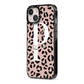Personalised Nude Colour Leopard Print iPhone 13 Black Impact Case Side Angle on Silver phone