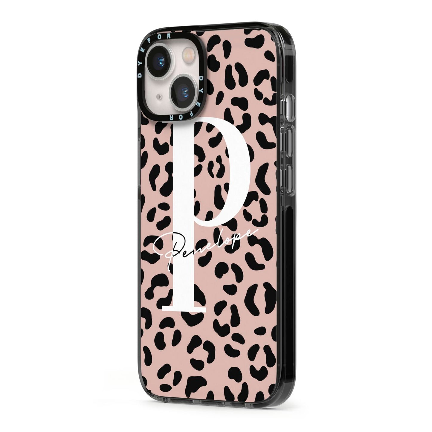 Personalised Nude Colour Leopard Print iPhone 13 Black Impact Case Side Angle on Silver phone