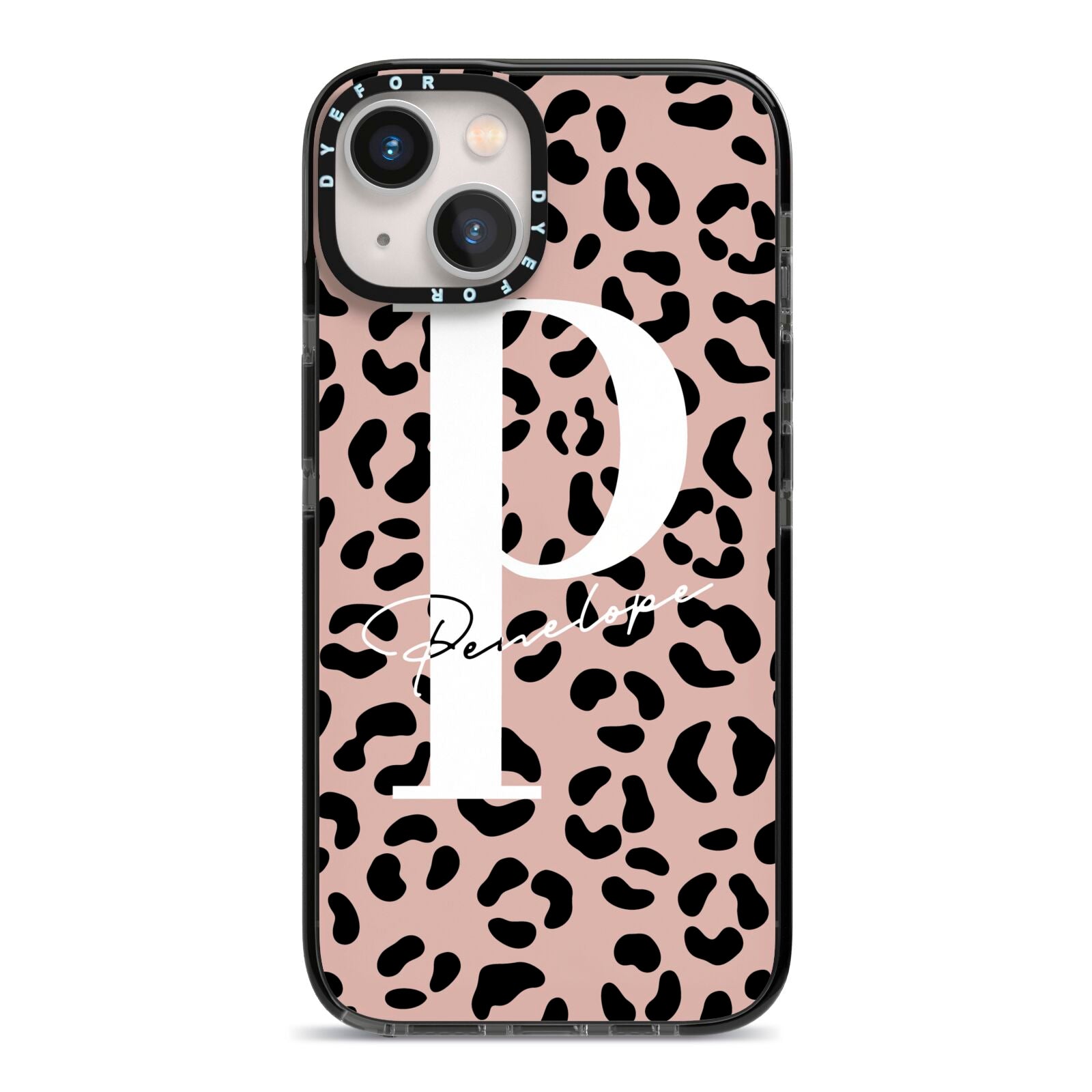 Personalised Nude Colour Leopard Print iPhone 13 Black Impact Case on Silver phone