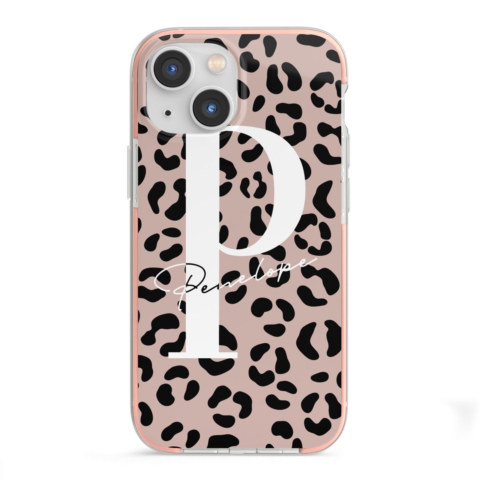 Personalised Nude Colour Leopard Print iPhone 13 Mini TPU Impact Case with Pink Edges