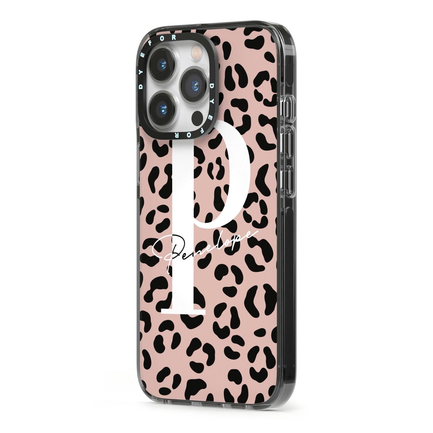 Personalised Nude Colour Leopard Print iPhone 13 Pro Black Impact Case Side Angle on Silver phone