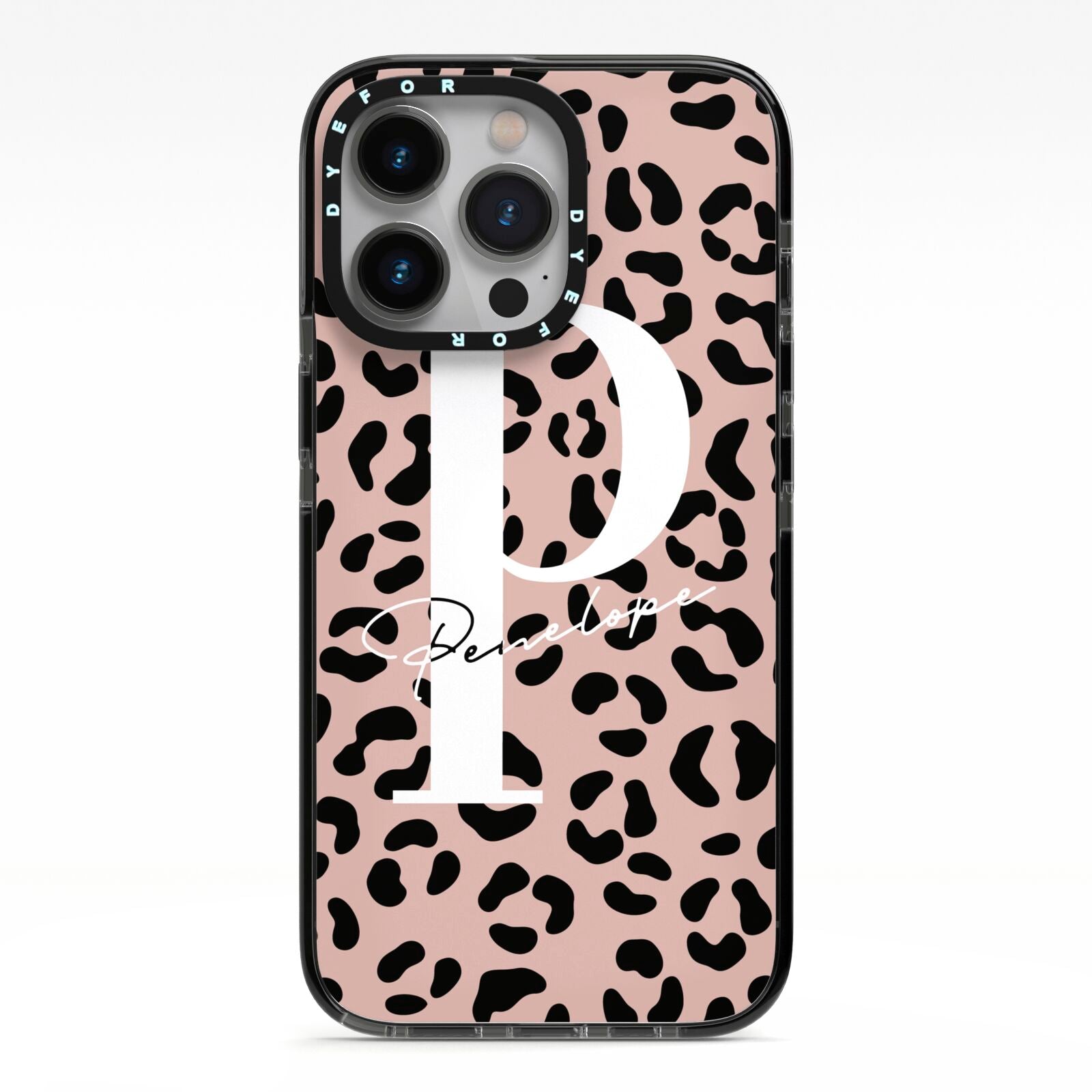 Personalised Nude Colour Leopard Print iPhone 13 Pro Black Impact Case on Silver phone