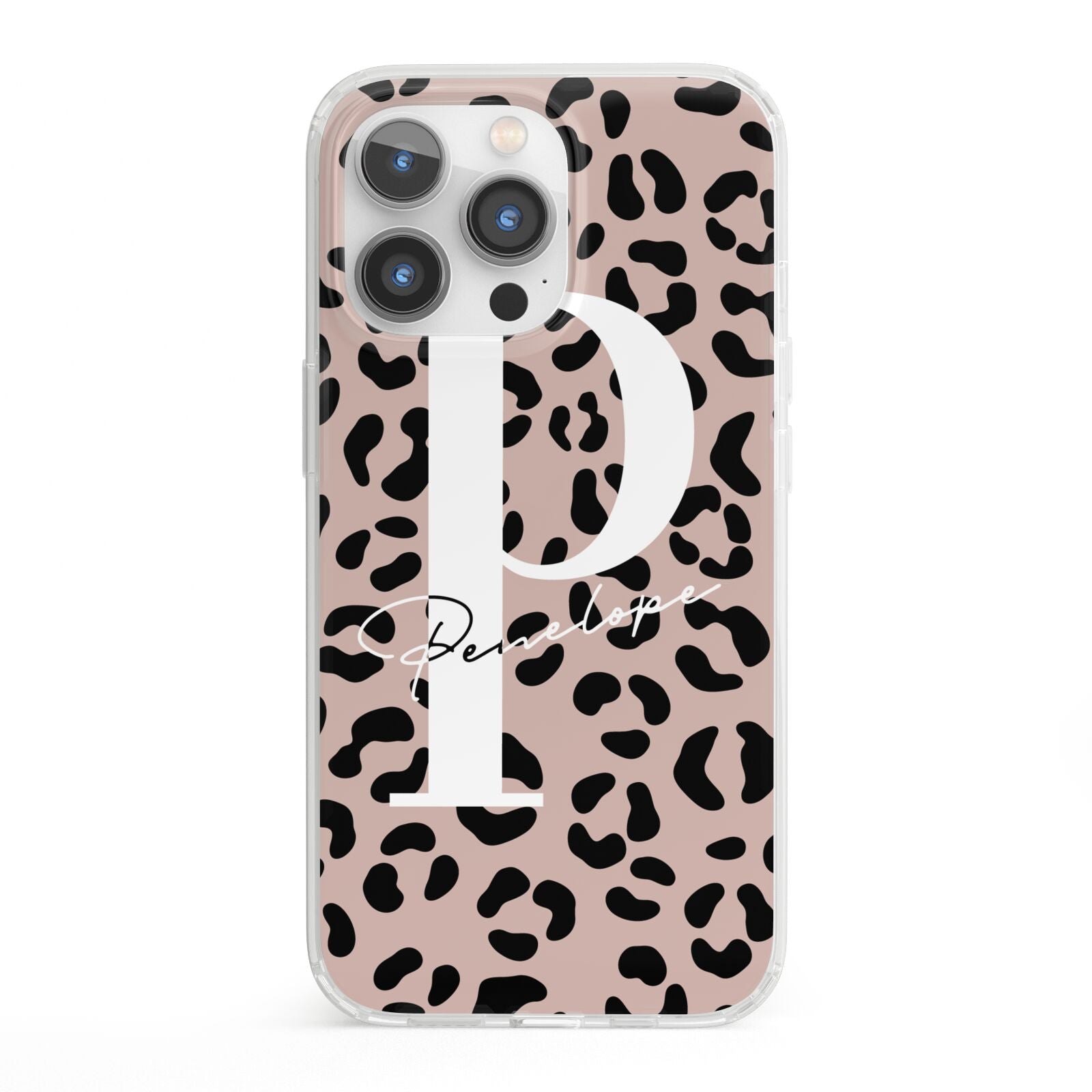 Personalised Nude Colour Leopard Print iPhone 13 Pro Clear Bumper Case