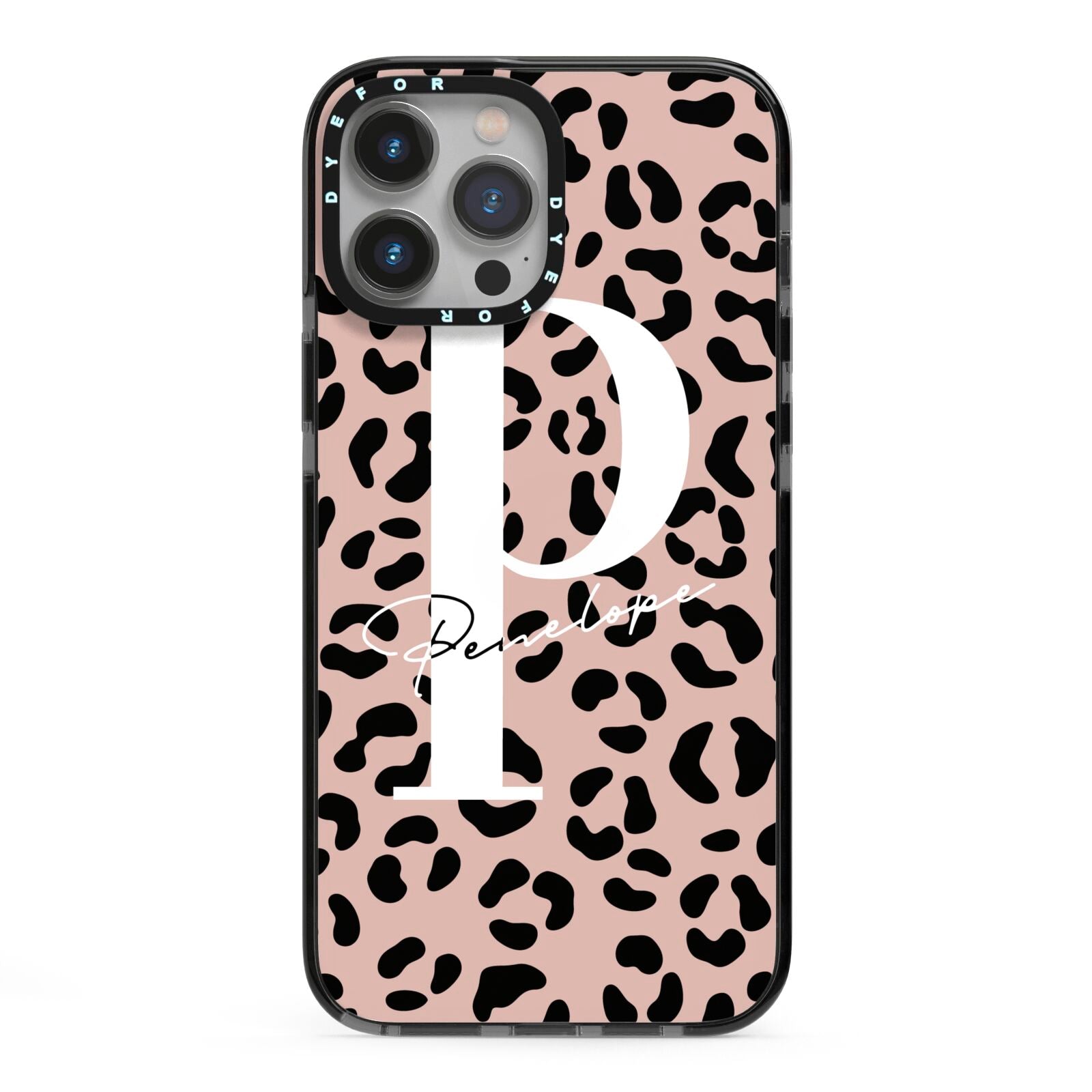 Personalised Nude Colour Leopard Print iPhone 13 Pro Max Black Impact Case on Silver phone