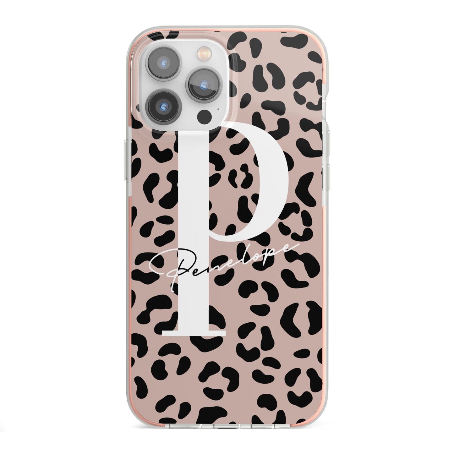 Personalised Nude Colour Leopard Print iPhone 13 Pro Max TPU Impact Case with Pink Edges