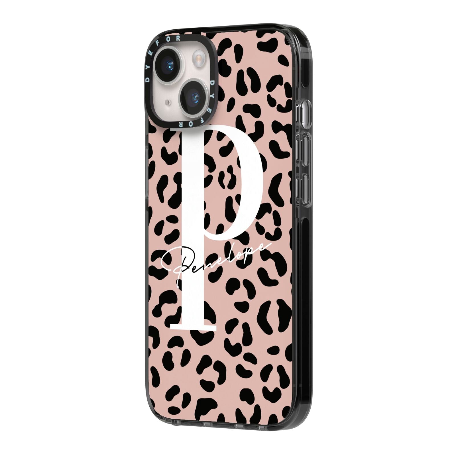Personalised Nude Colour Leopard Print iPhone 14 Black Impact Case Side Angle on Silver phone