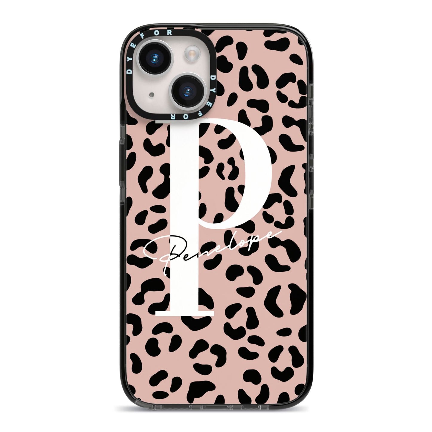 Personalised Nude Colour Leopard Print iPhone 14 Black Impact Case on Silver phone