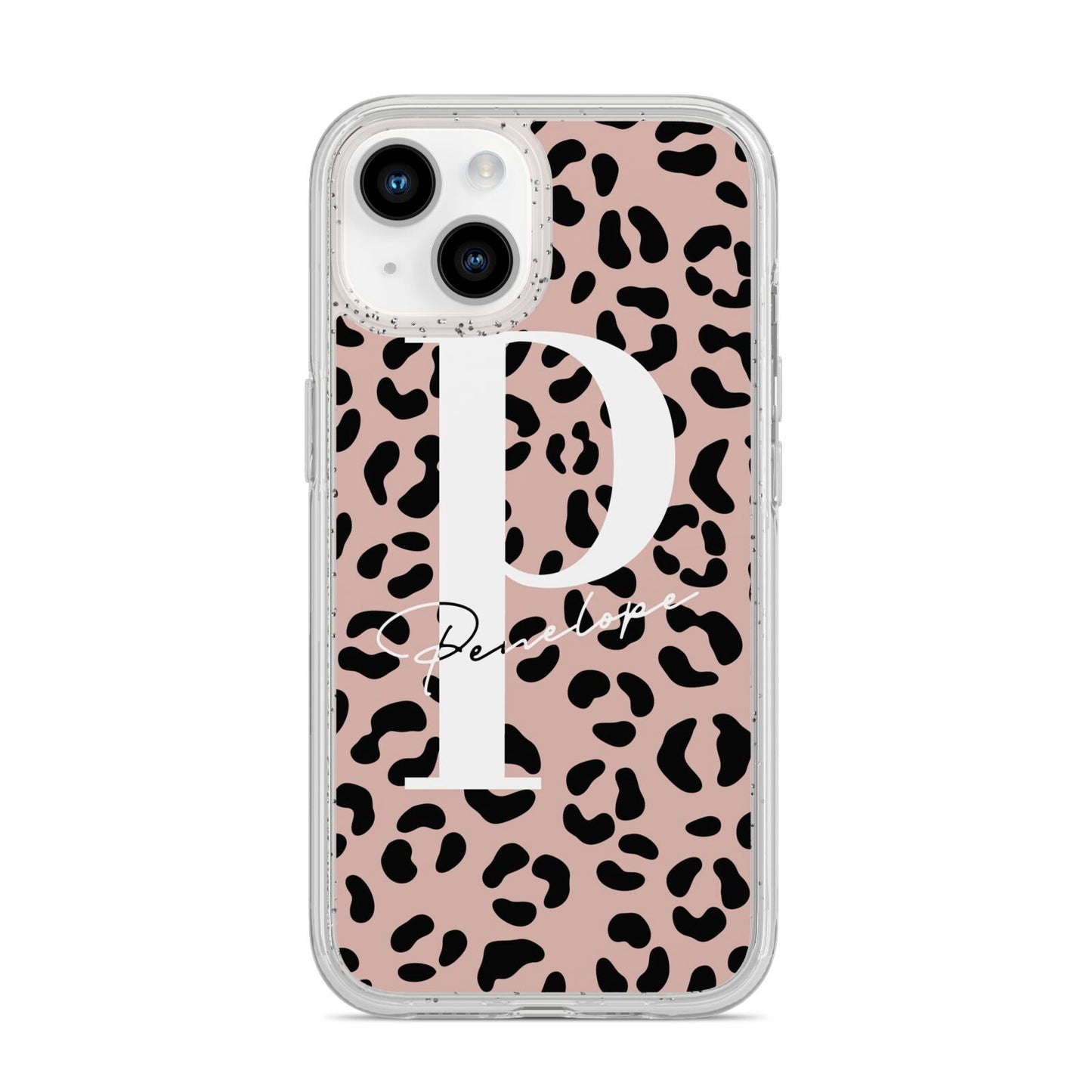 Personalised Nude Colour Leopard Print iPhone 14 Glitter Tough Case Starlight