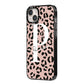 Personalised Nude Colour Leopard Print iPhone 14 Plus Black Impact Case Side Angle on Silver phone