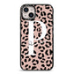 Personalised Nude Colour Leopard Print iPhone 14 Plus Black Impact Case on Silver phone