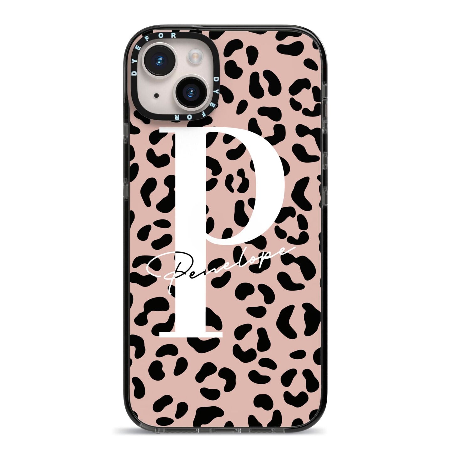 Personalised Nude Colour Leopard Print iPhone 14 Plus Black Impact Case on Silver phone