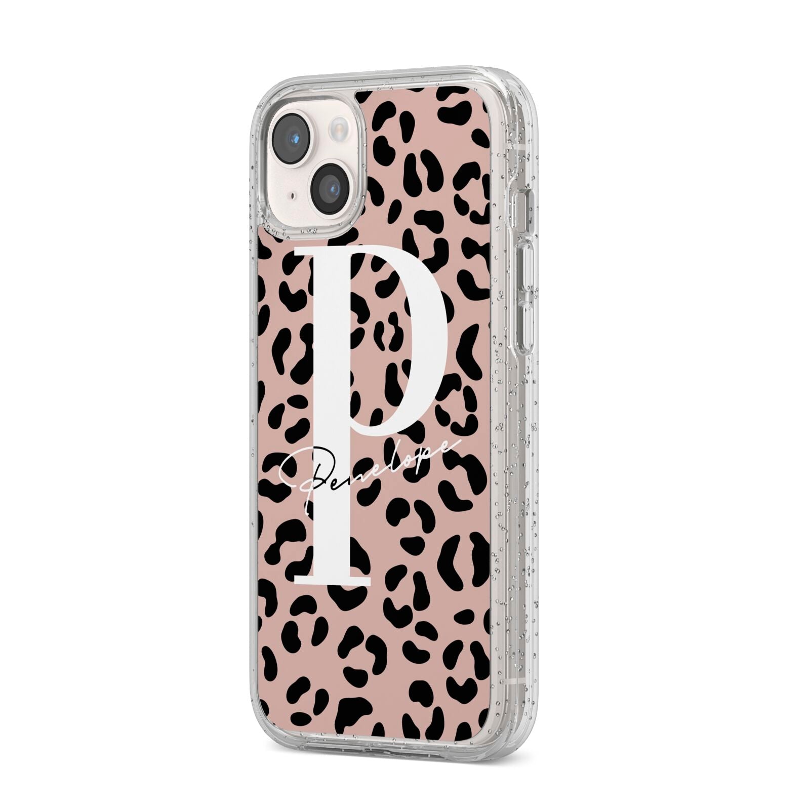 Personalised Nude Colour Leopard Print iPhone 14 Plus Glitter Tough Case Starlight Angled Image