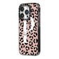 Personalised Nude Colour Leopard Print iPhone 14 Pro Black Impact Case Side Angle on Silver phone
