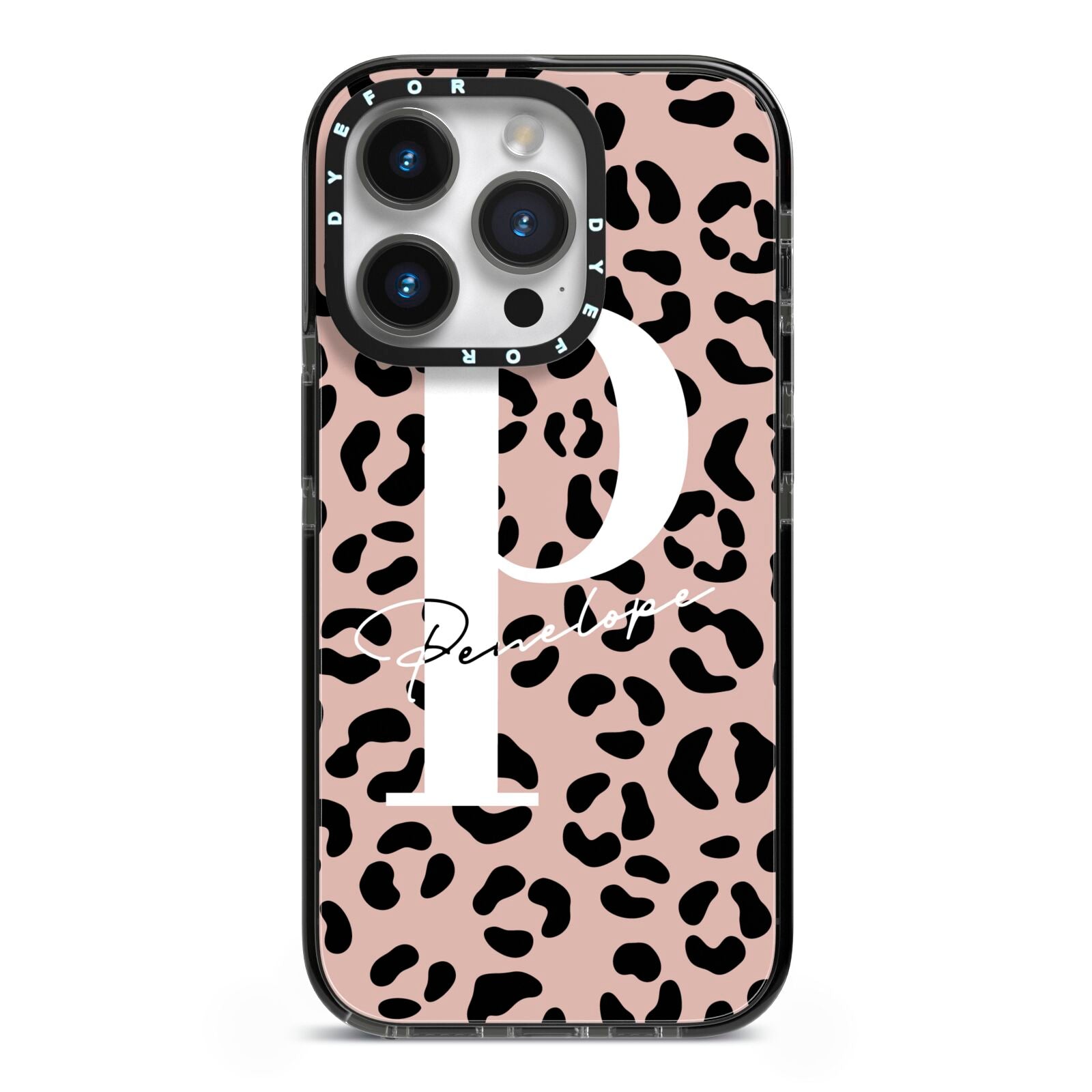 Personalised Nude Colour Leopard Print iPhone 14 Pro Black Impact Case on Silver phone