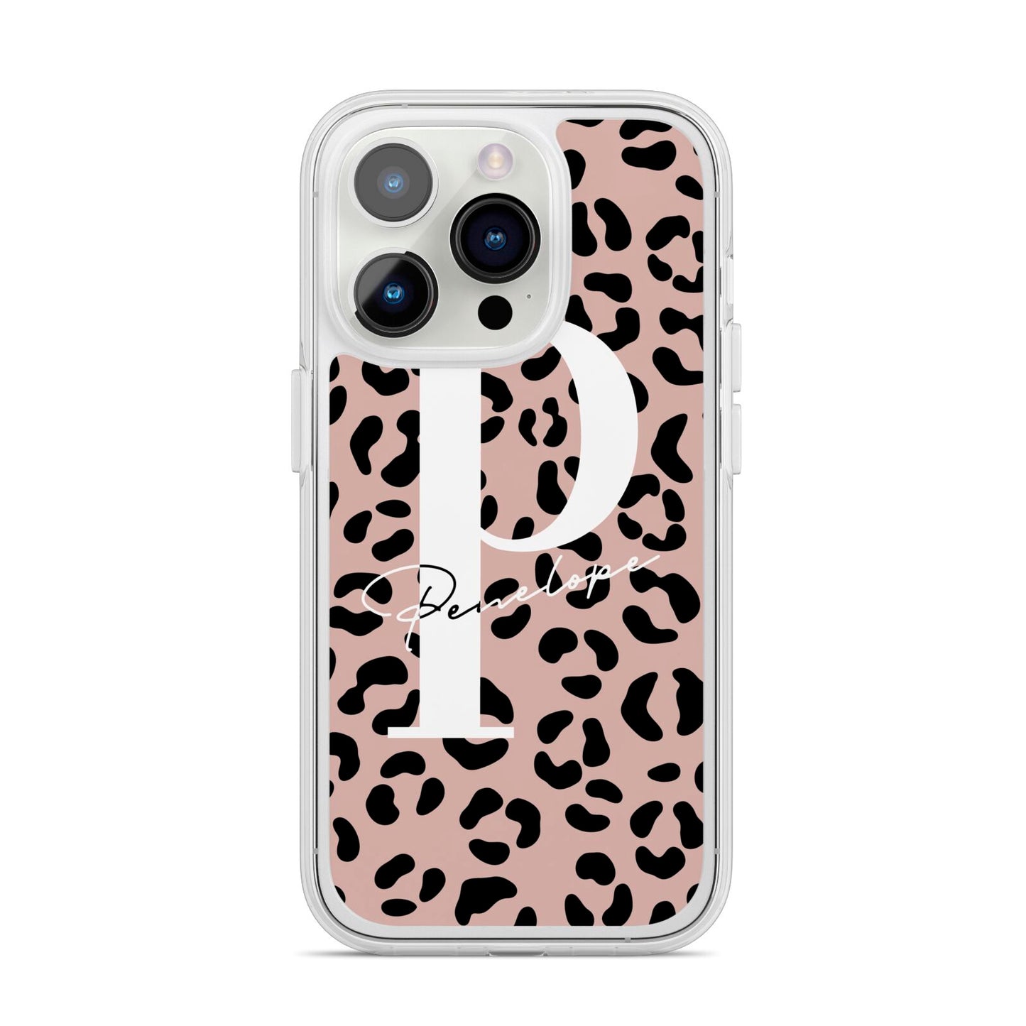 Personalised Nude Colour Leopard Print iPhone 14 Pro Clear Tough Case Silver