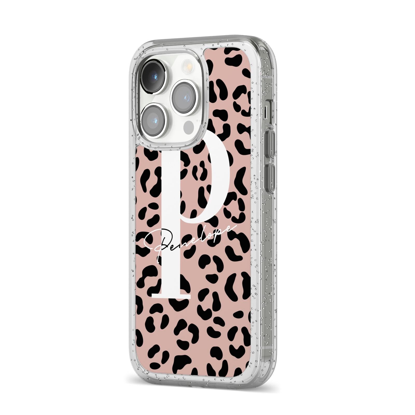 Personalised Nude Colour Leopard Print iPhone 14 Pro Glitter Tough Case Silver Angled Image