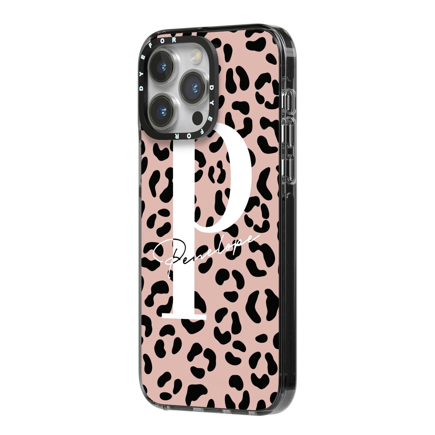 Personalised Nude Colour Leopard Print iPhone 14 Pro Max Black Impact Case Side Angle on Silver phone