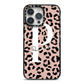 Personalised Nude Colour Leopard Print iPhone 14 Pro Max Black Impact Case on Silver phone