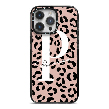 Personalised Nude Colour Leopard Print iPhone 14 Pro Max Black Impact Case on Silver phone