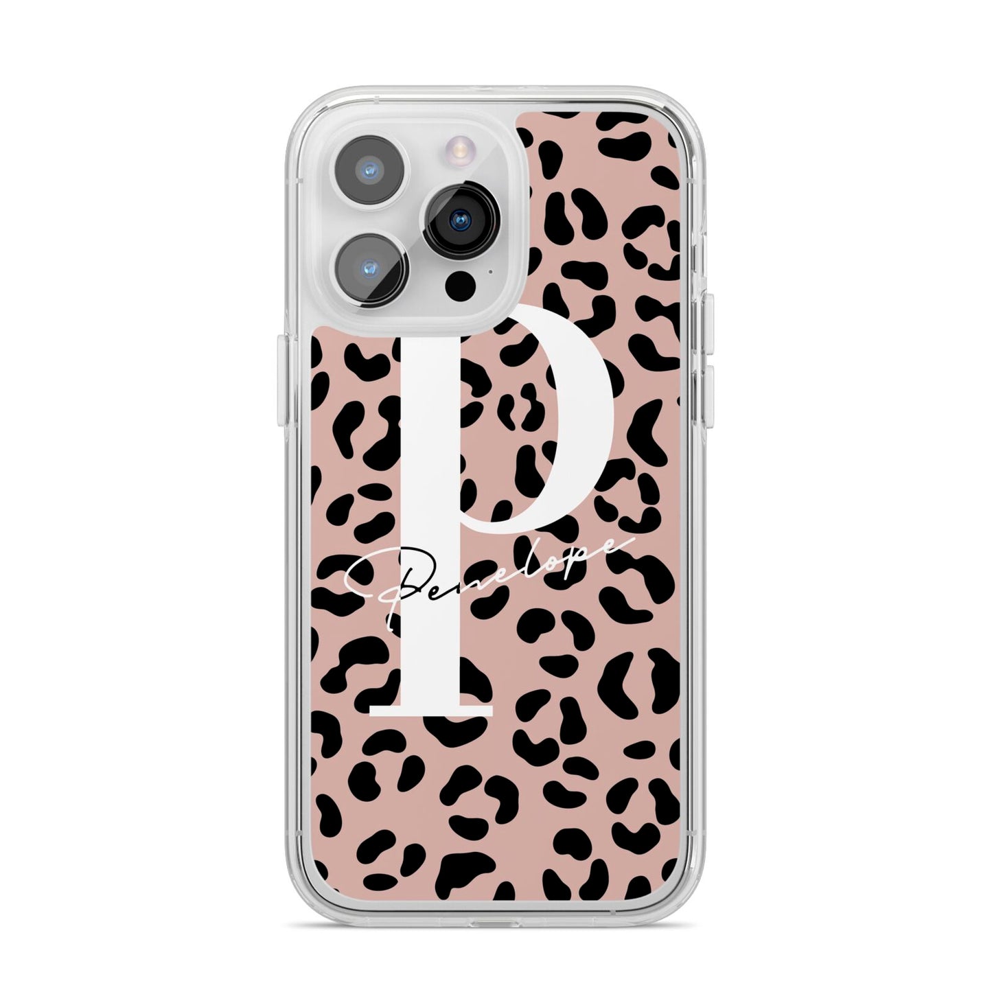 Personalised Nude Colour Leopard Print iPhone 14 Pro Max Clear Tough Case Silver