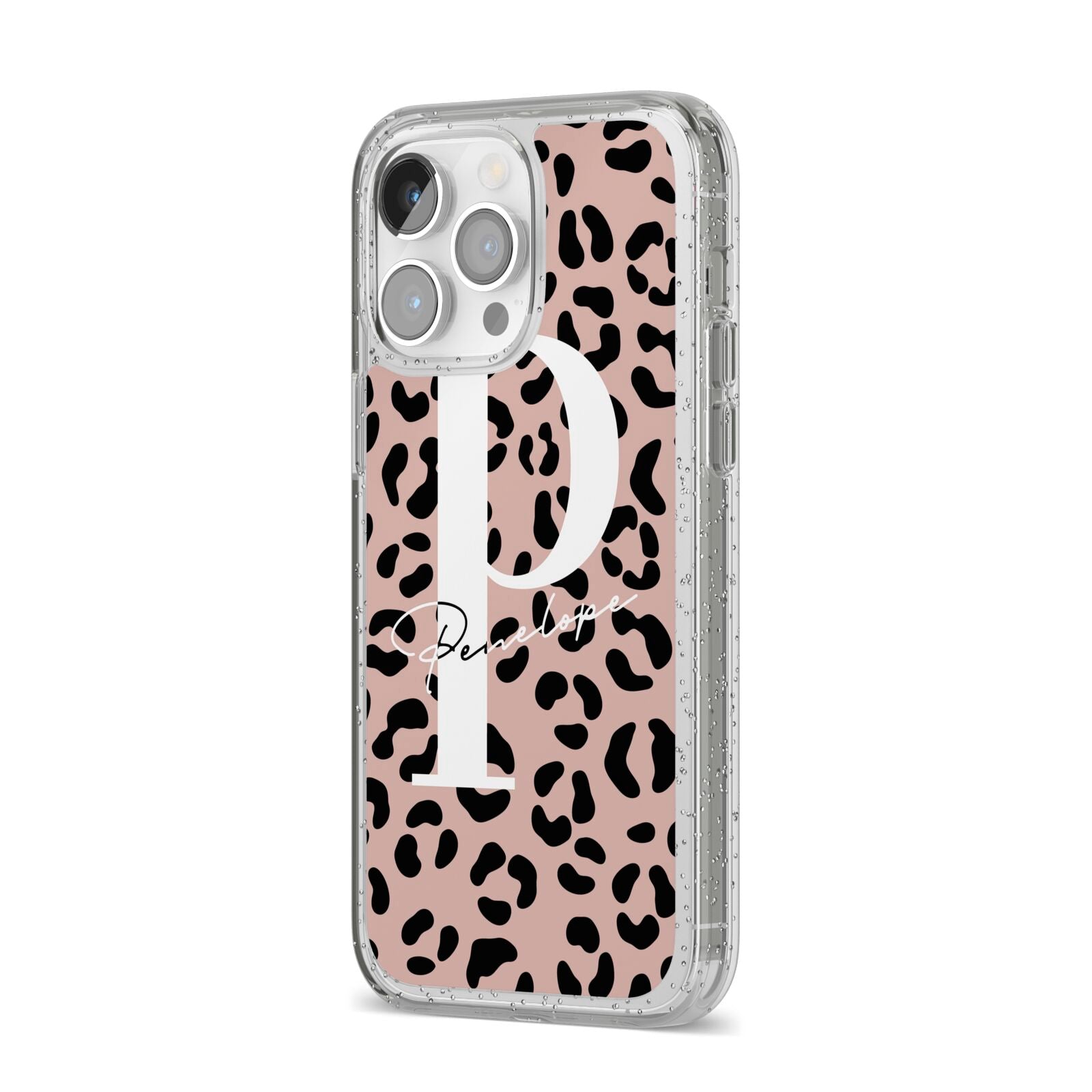 Personalised Nude Colour Leopard Print iPhone 14 Pro Max Glitter Tough Case Silver Angled Image