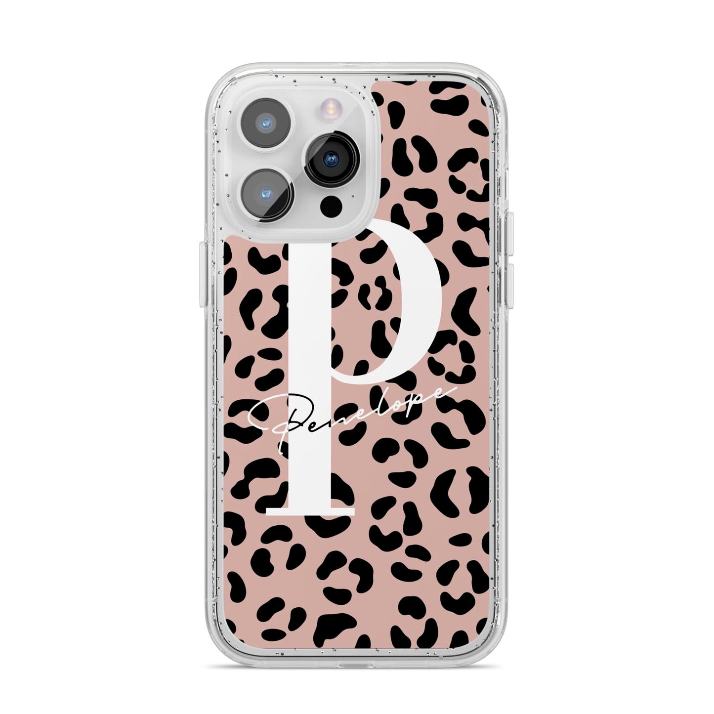 Personalised Nude Colour Leopard Print iPhone 14 Pro Max Glitter Tough Case Silver