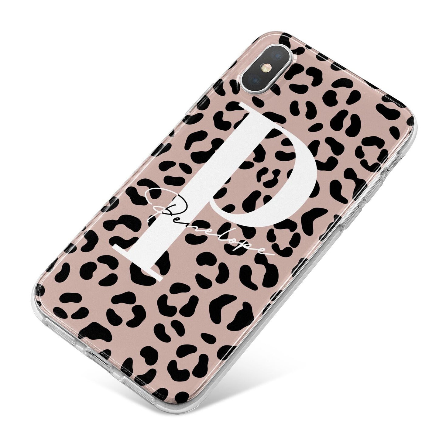 Personalised Nude Colour Leopard Print iPhone X Bumper Case on Silver iPhone